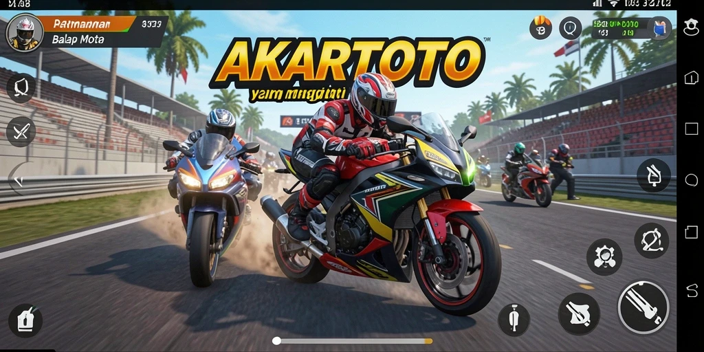 Screenshot utama AKARTOTO menampilkan aksi balapan motor yang menggembirakan.