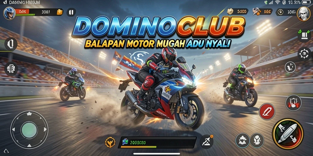 Screenshot gameplay DOMINOCLUB menampilkan balapan motor yang seru dan mendebarkan.