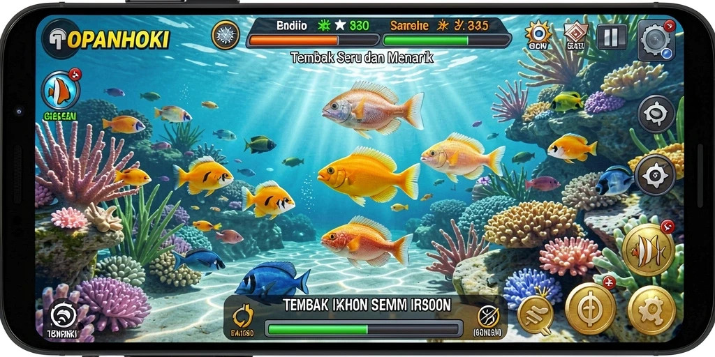 Screenshot utama TOPANHOKI menampilkan aksi seru menangkap ikan.